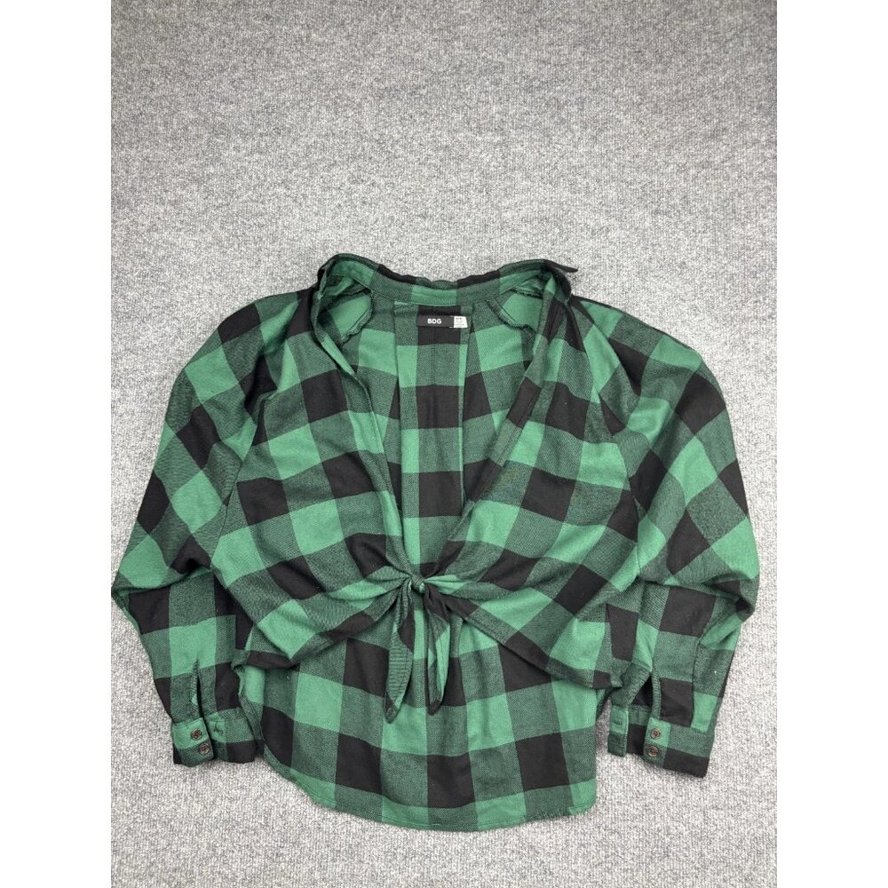 BDG Shirt Womens Medium Green Black Buffalo Plaid Tie Front Long Sleeve Flannel